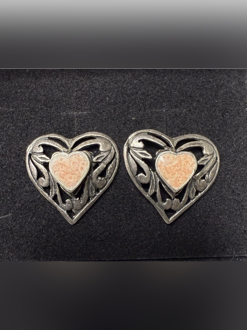 925 Sterling Silver Filigree Heart Stud Earrings Pink Shell Inlay Native Western